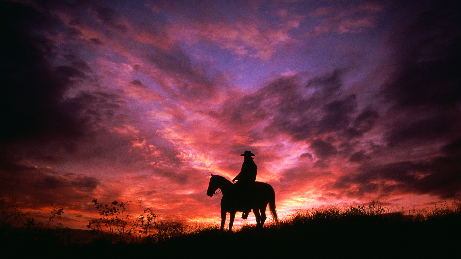 Wallpaper Sky Cowboy Clouds Horse Silhouette Sunset On
