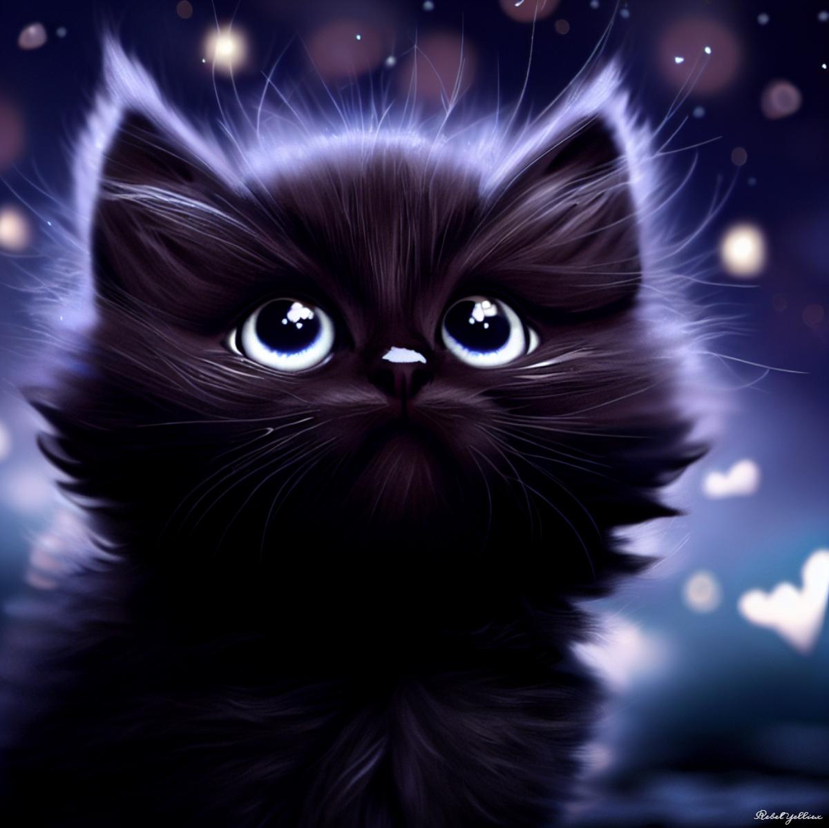 Black Fluffy Kitten Looks Up At Starry Sky By Xrebelyellx On