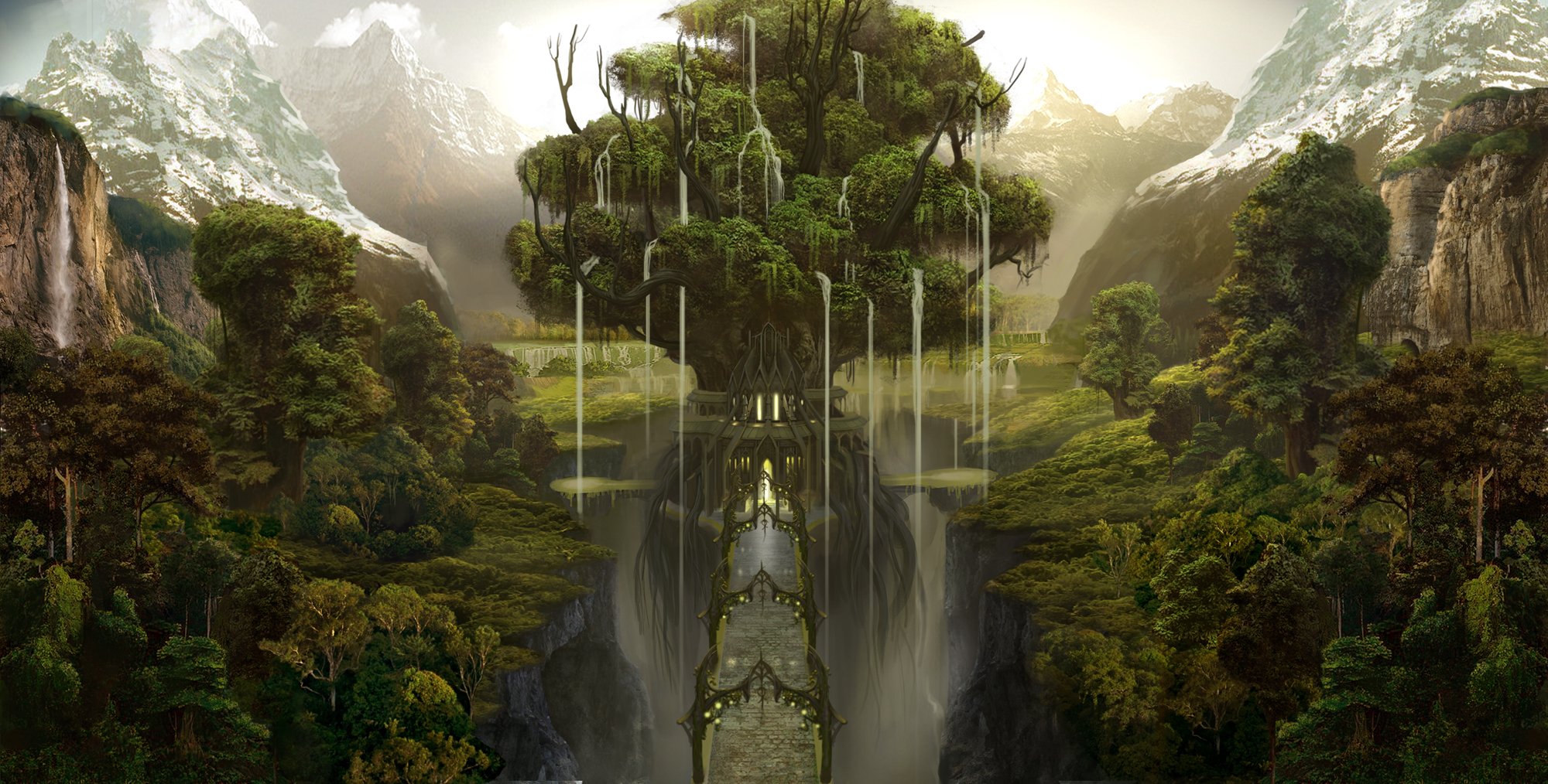bridge fantasy forest tree waterfall high resolution HD Wallpaper of