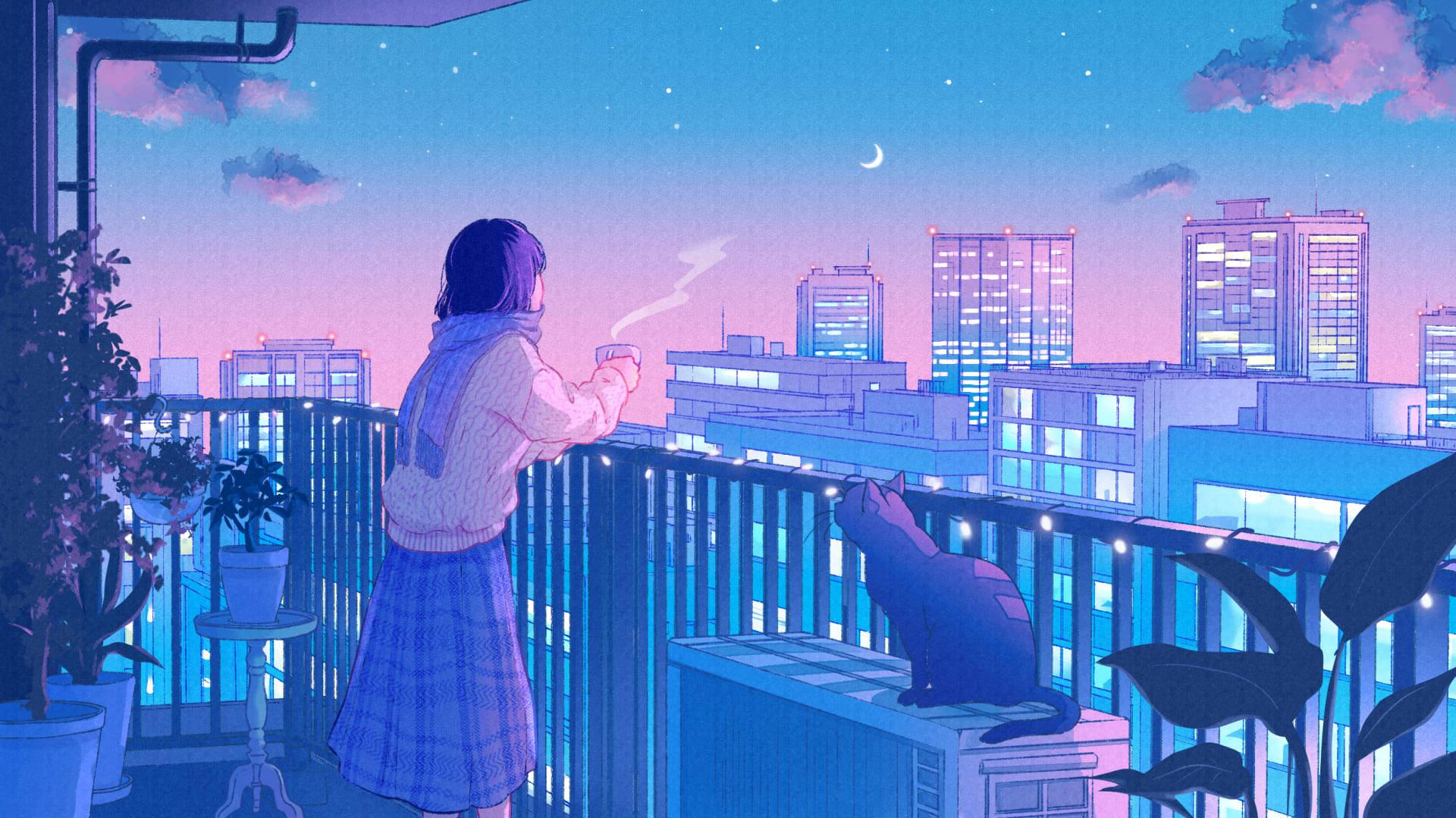 Download City Lights Anime Cat Wallpaper