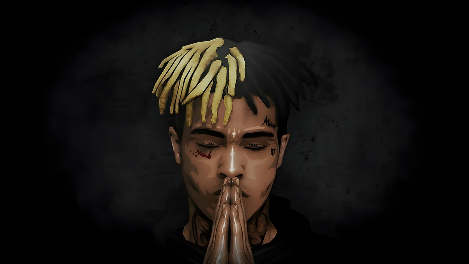 A stylized portrait of XXXTentacion with his signature blonde and black dreads, eyes closed in prayer, against a dark, textured background