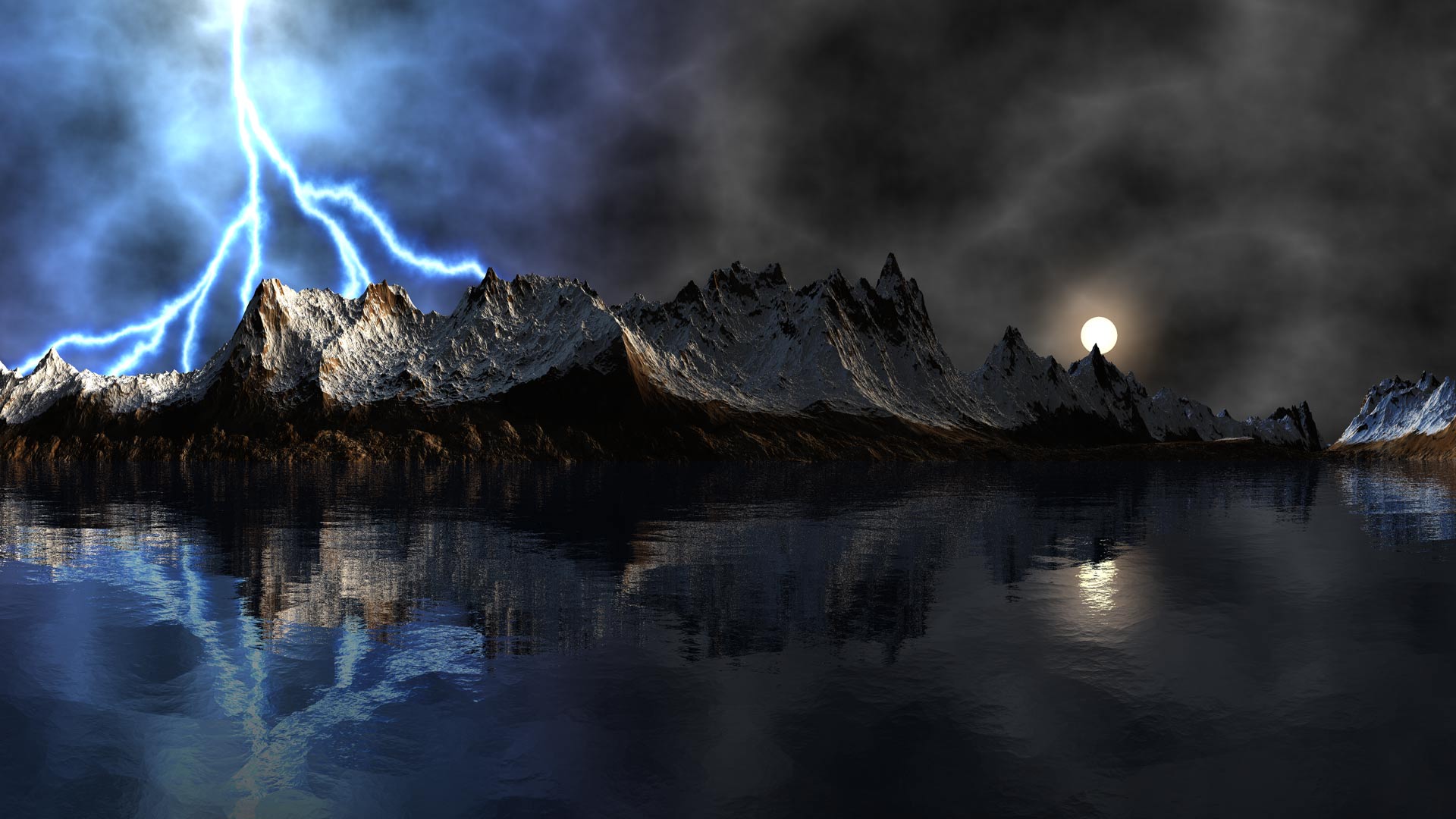 Dramatic landscape with lightning, mountains, and a body of water reflecting the scene