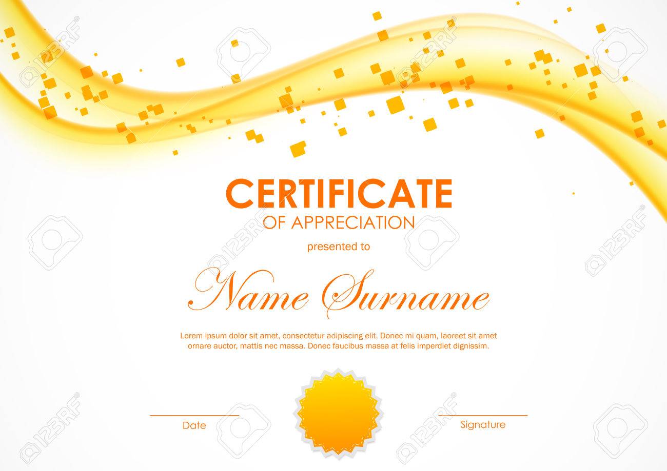 Certificate Of Appreciation Template With Orange Light Soft Wavy