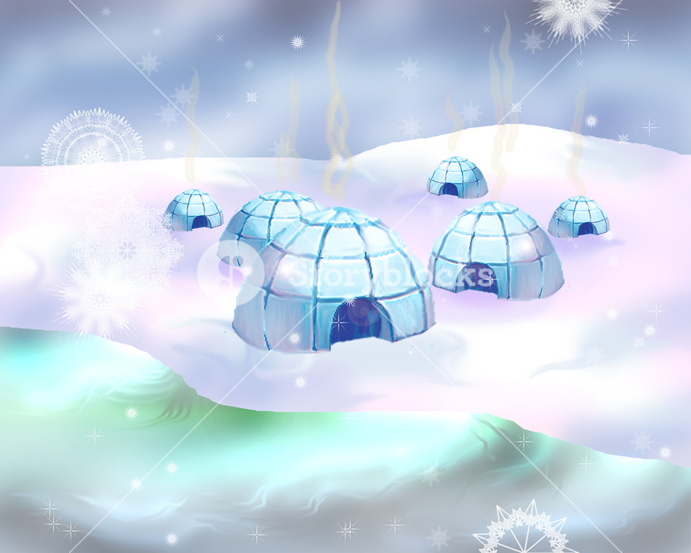 Polar Snowy Landscape With Eskimo Igloo Icehouse Digital Painting