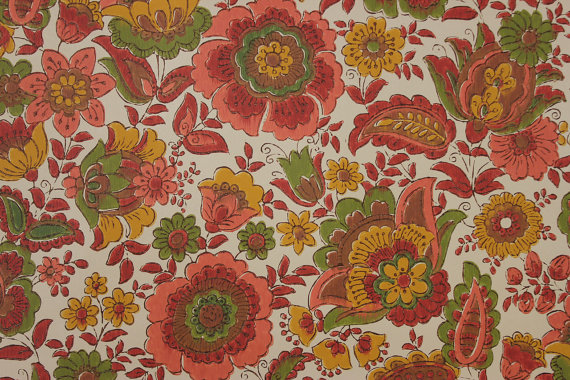 S Vintage Wallpaper Retro Red Brown And Green Flowers On White
