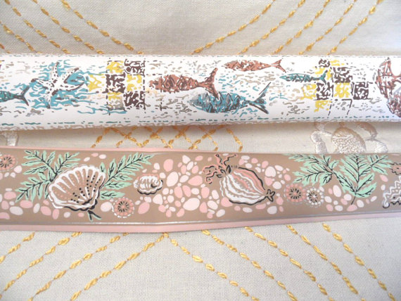 Two rolls of original 1940s wallpaper border Fish shell themed at 570x428