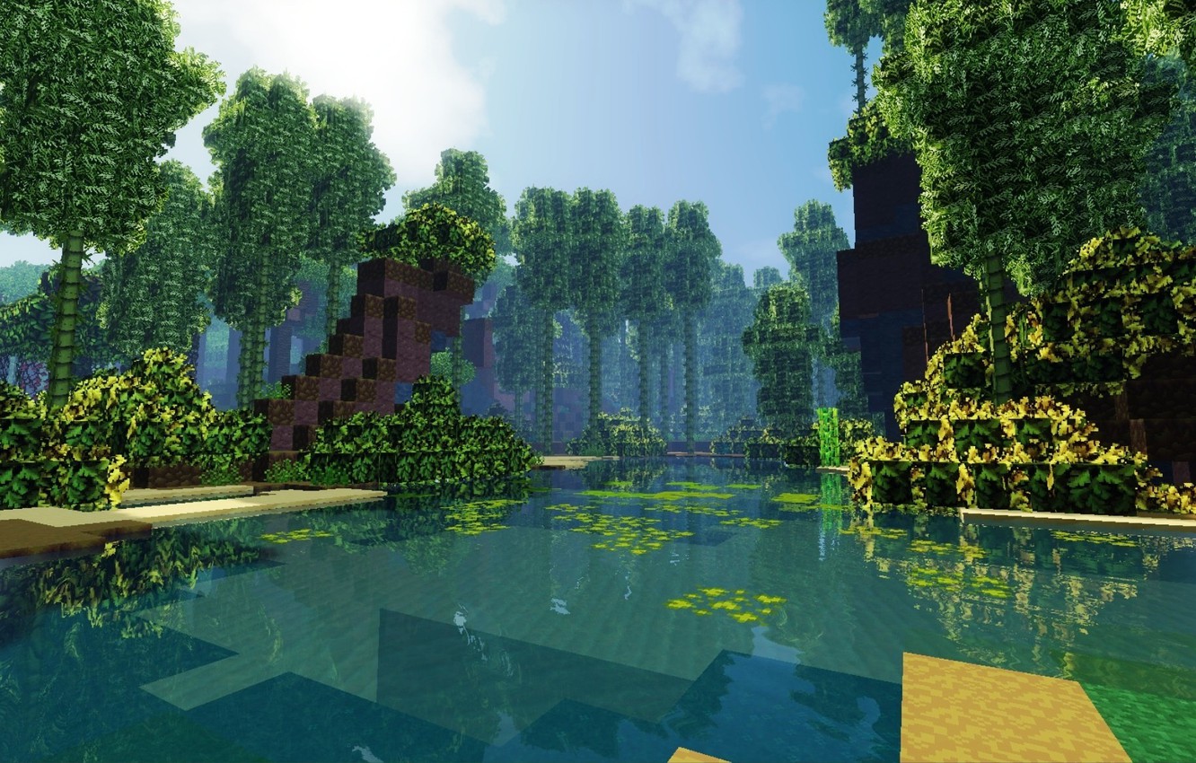 Wallpaper Forest The Sky Clouds Shore Bamboo Bay Minecraft