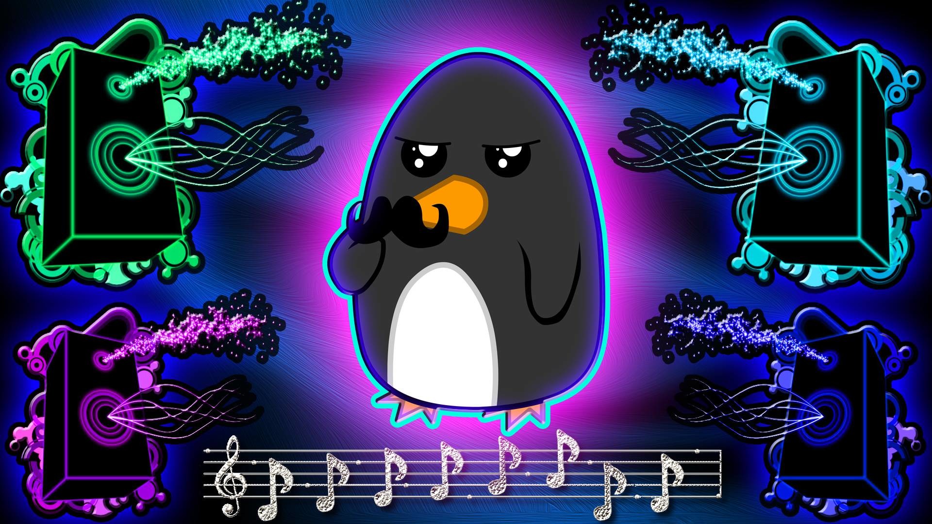 A cool neon penguin with a mustache, surrounded by neon speakers and musical notes, perfect for a vibrant and musical wallpaper