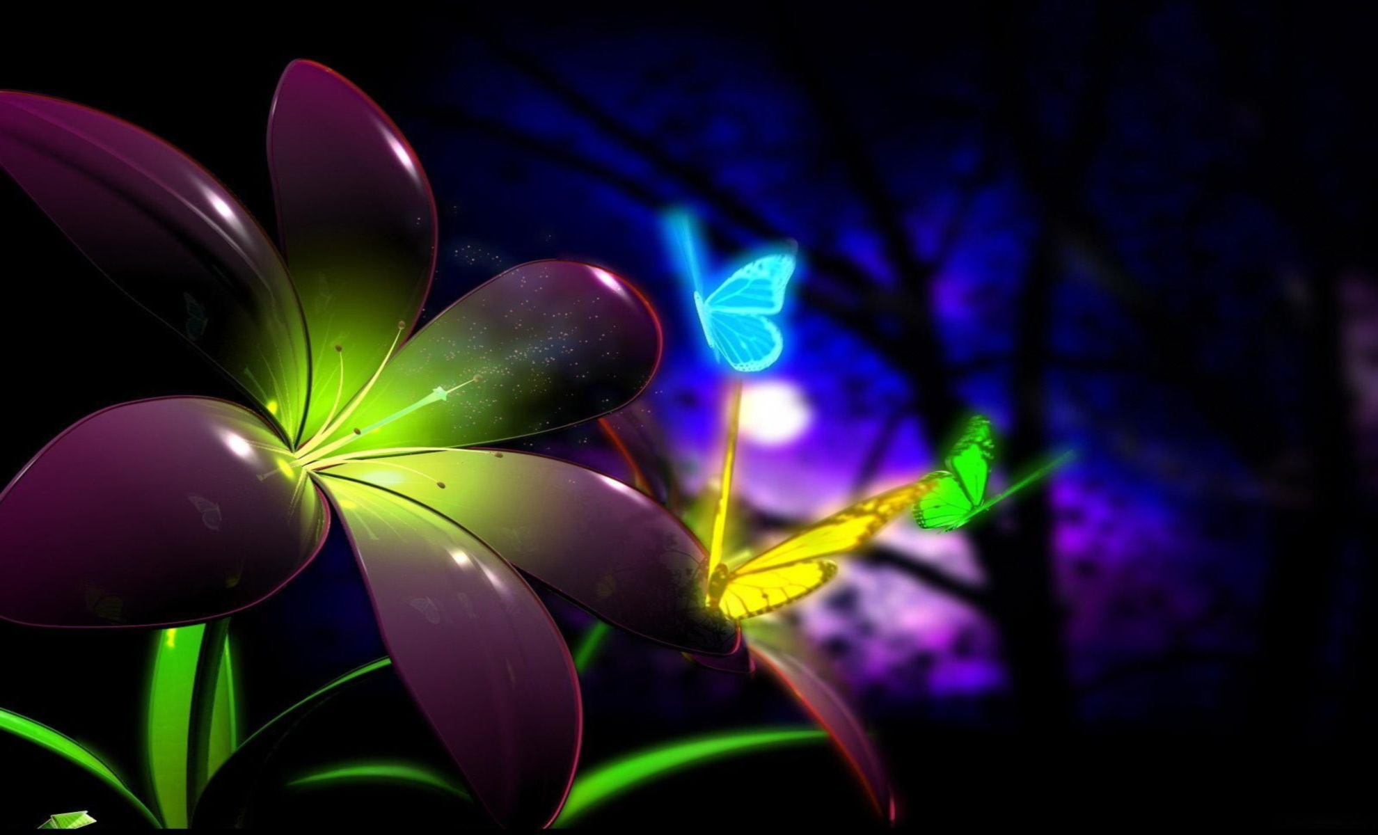 A vibrant live wallpaper featuring a luminous purple and green flower with glowing neon butterflies fluttering around it against a backdrop of a blurred moonlit forest