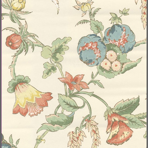 Jacobean Floral Wallcovering Blue Green Rust On Cream