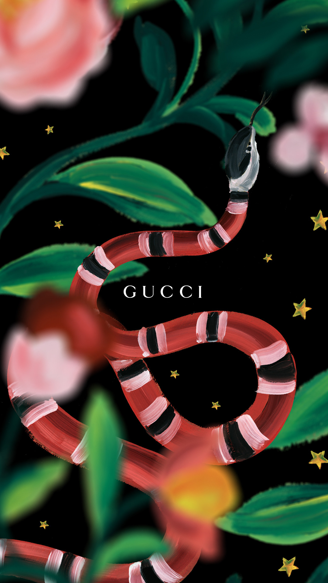 A vibrant illustration of a coral snake intertwined with lush green foliage and delicate pink flowers on a black background, with the Gucci logo prominently displayed. Gold stars are scattered throughout the image, adding a touch of sparkle and luxury