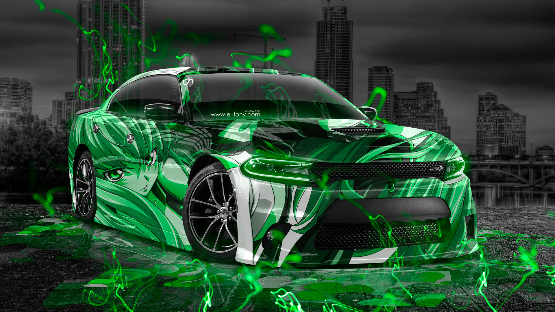 Girl Aerography City Car Art Green Neon Effects 3d HD Wallpaper