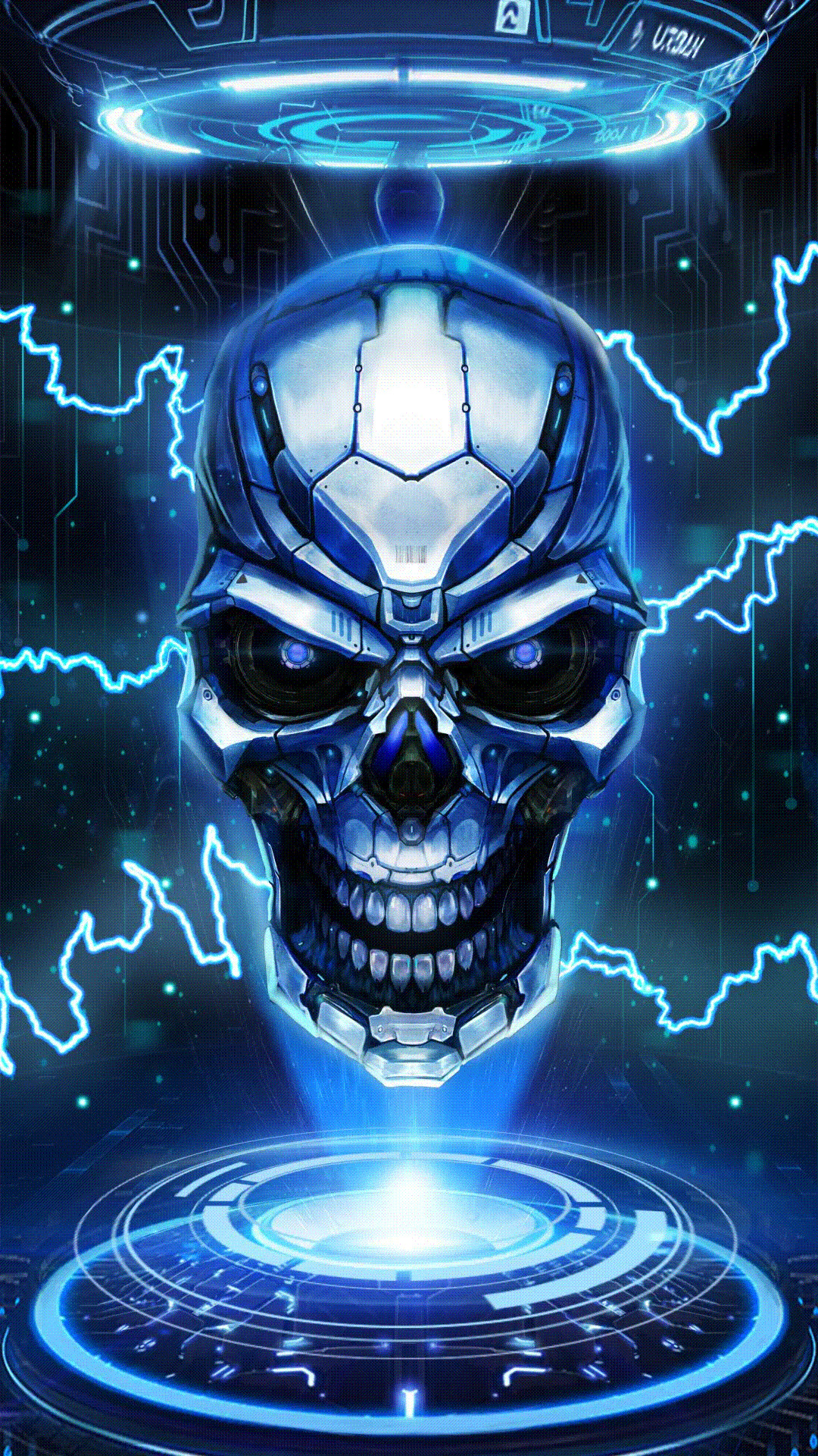 A futuristic, metallic blue skull floats above a glowing blue platform against a backdrop of circuitry and electric blue lightning. Perfect for a desktop wallpaper