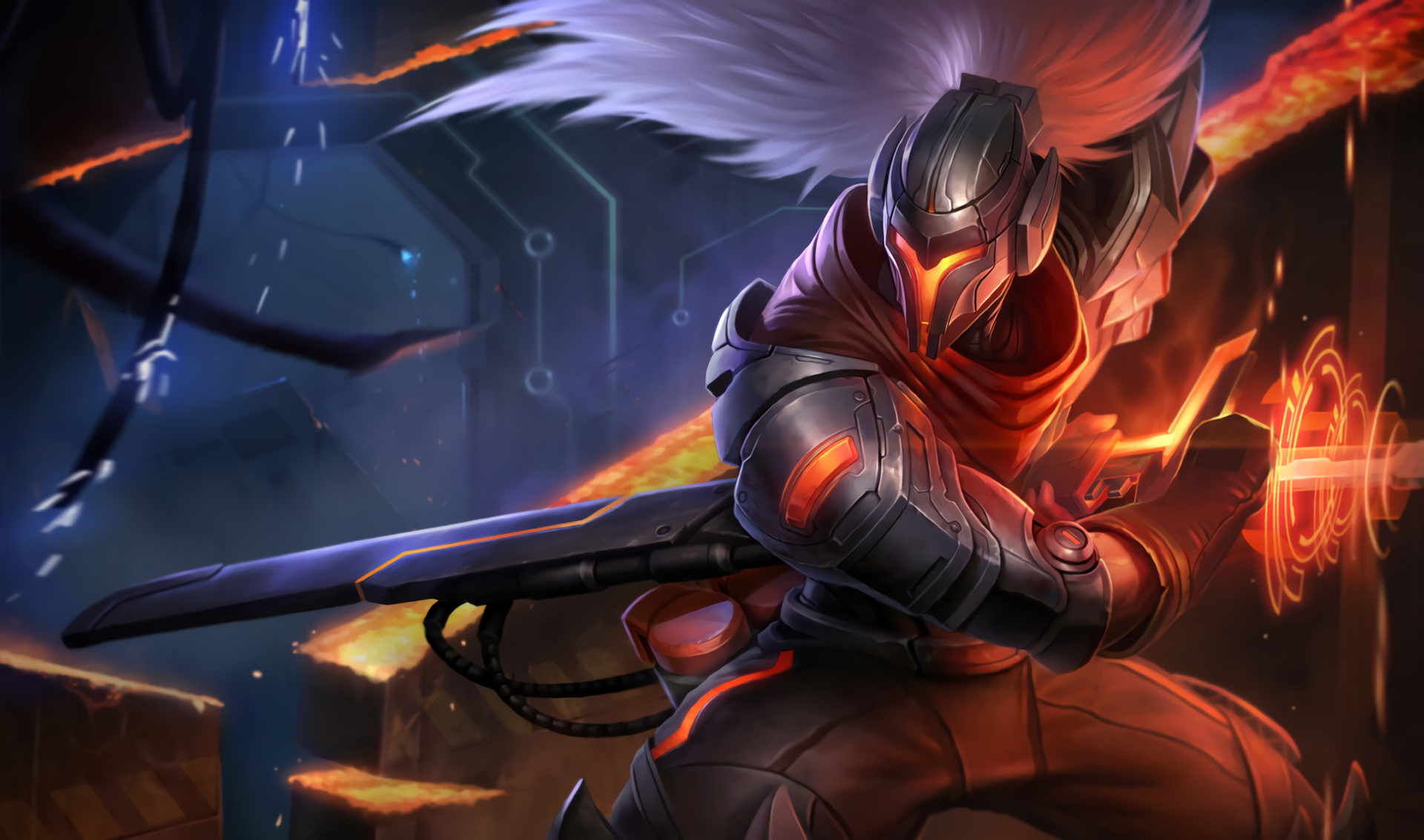 A warrior from League of Legends, wielding a futuristic sword, amidst a fiery backdrop. The character's attire blends technology with traditional elements, and their stance exudes power and agility