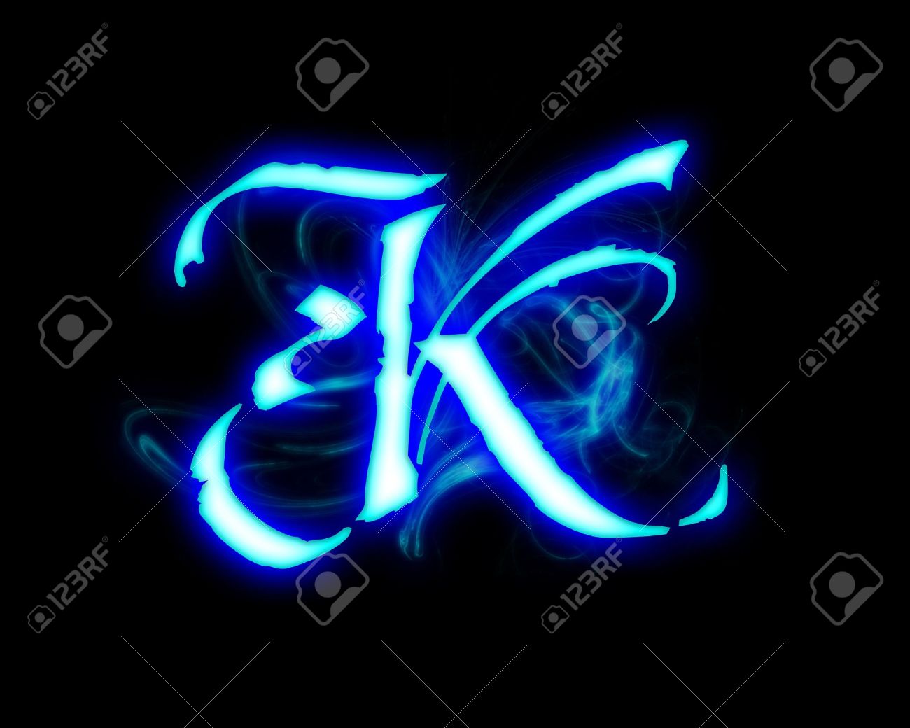 Blue Flame Magic Font Over Black Background Letter K Stock Photo
