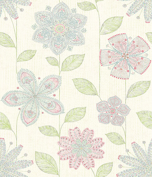 Contemporary Bohemian Floral Wallpaper Green Raspberry Bolt