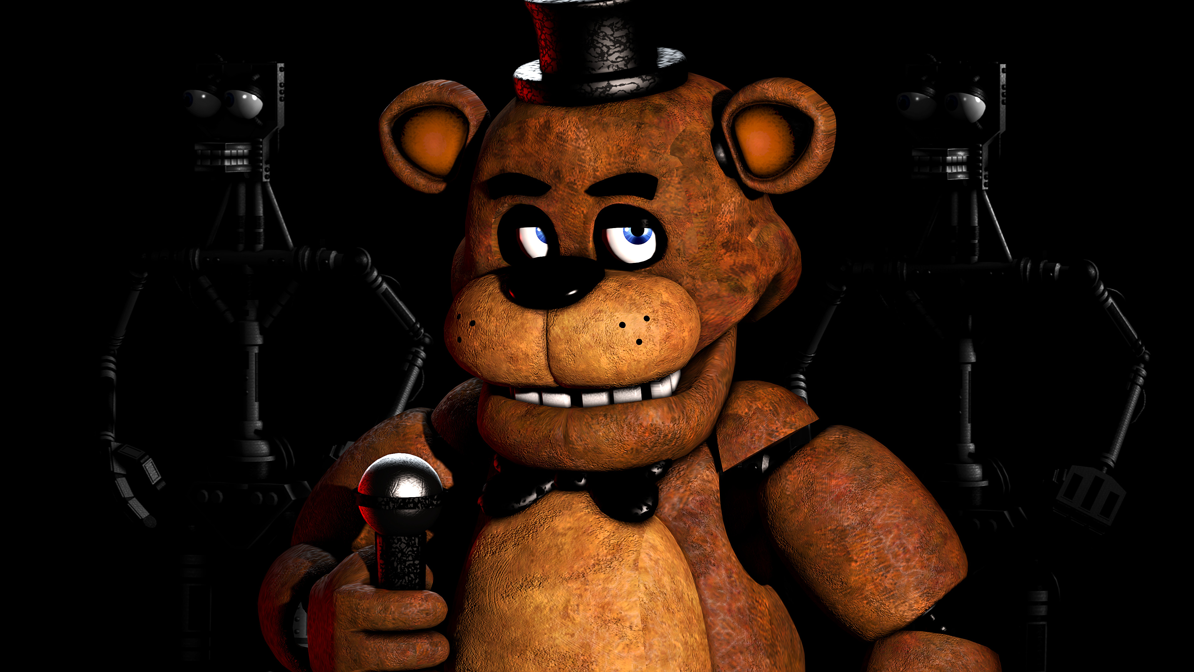 Freddy Fazbear from Five Nights at Freddy's holding a microphone against a dark background, with shadowy figures in the background