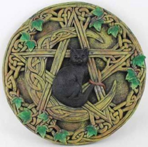 Black Cat And Pentagram Wall Plaque With Background Wicca