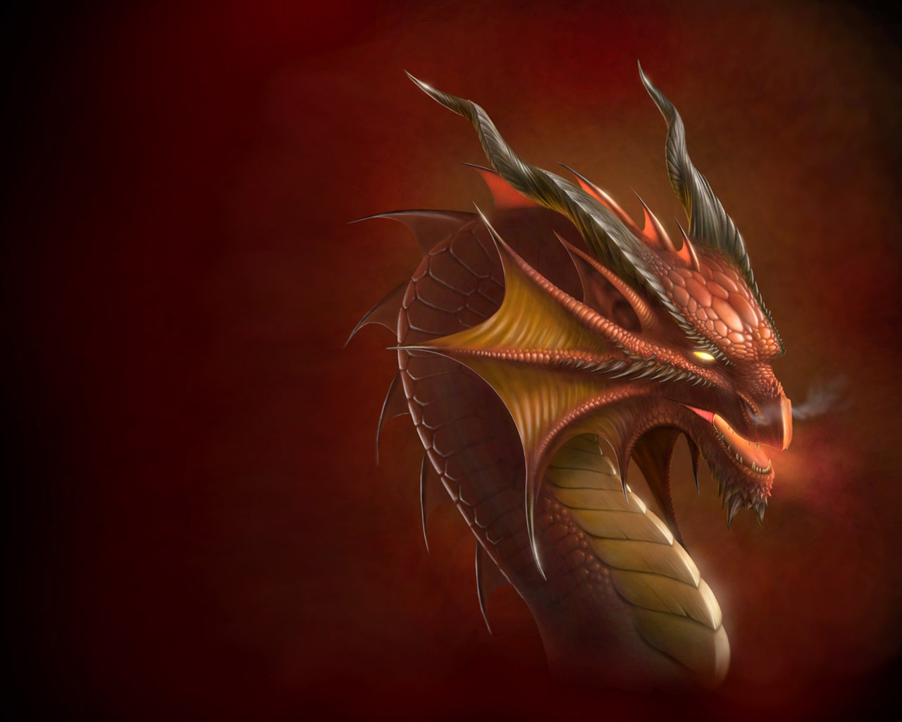 A majestic red dragon with horns and gold accents, exhaling a wisp of smoke against a dark red backdrop
