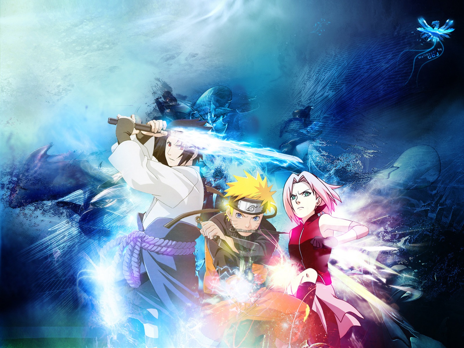 HD Naruto Wallpaper featuring Team 7: Naruto, Sasuke, and Sakura in dynamic poses, showcasing their chakra and fighting spirit