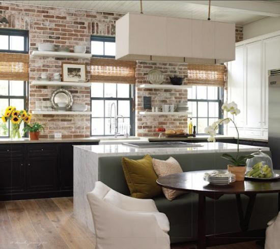 Modern Kitchen And Dining Area With Exposed Brick Wall Design