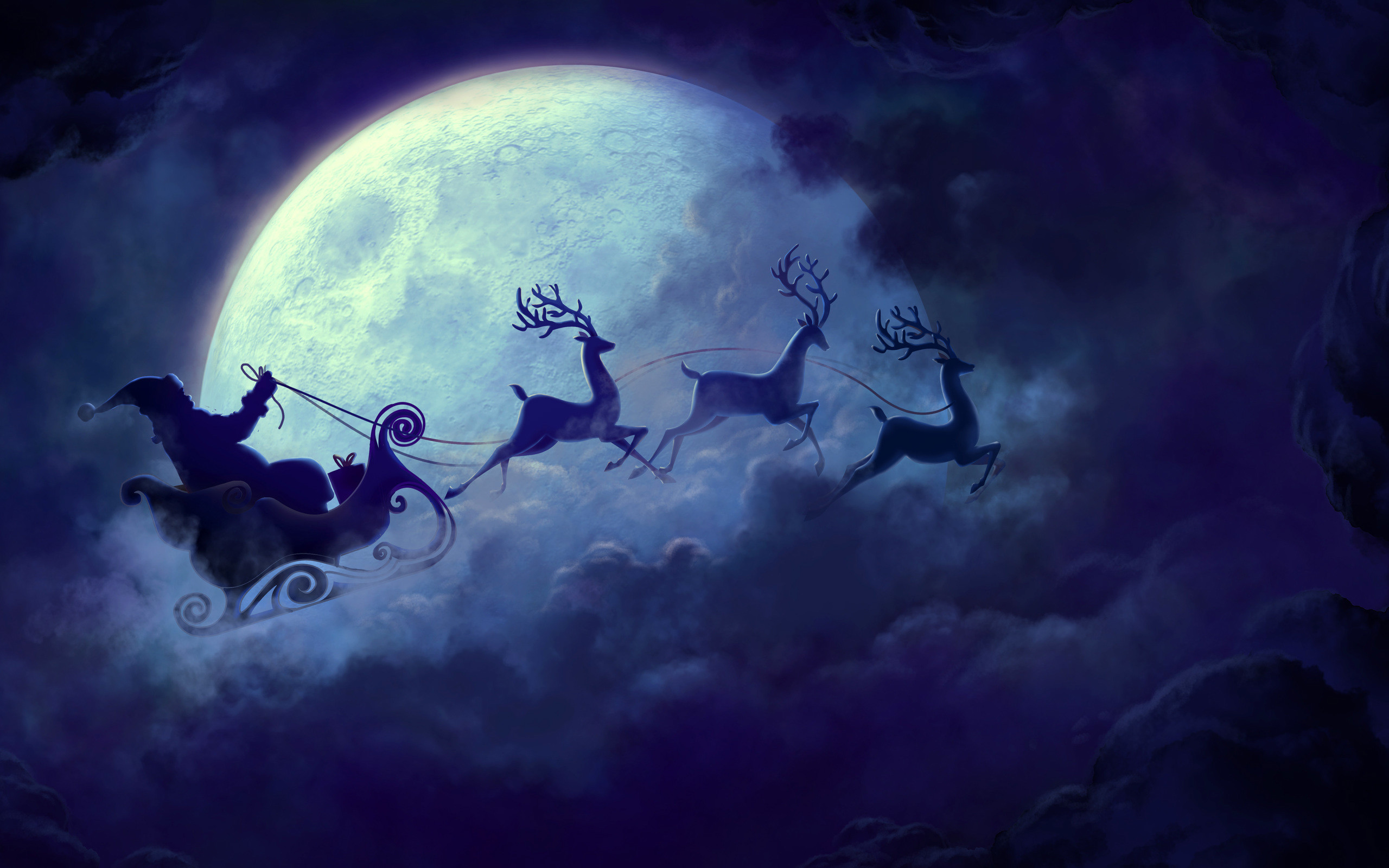 Santa Claus flying his sleigh with reindeer against a full moon on Christmas Eve