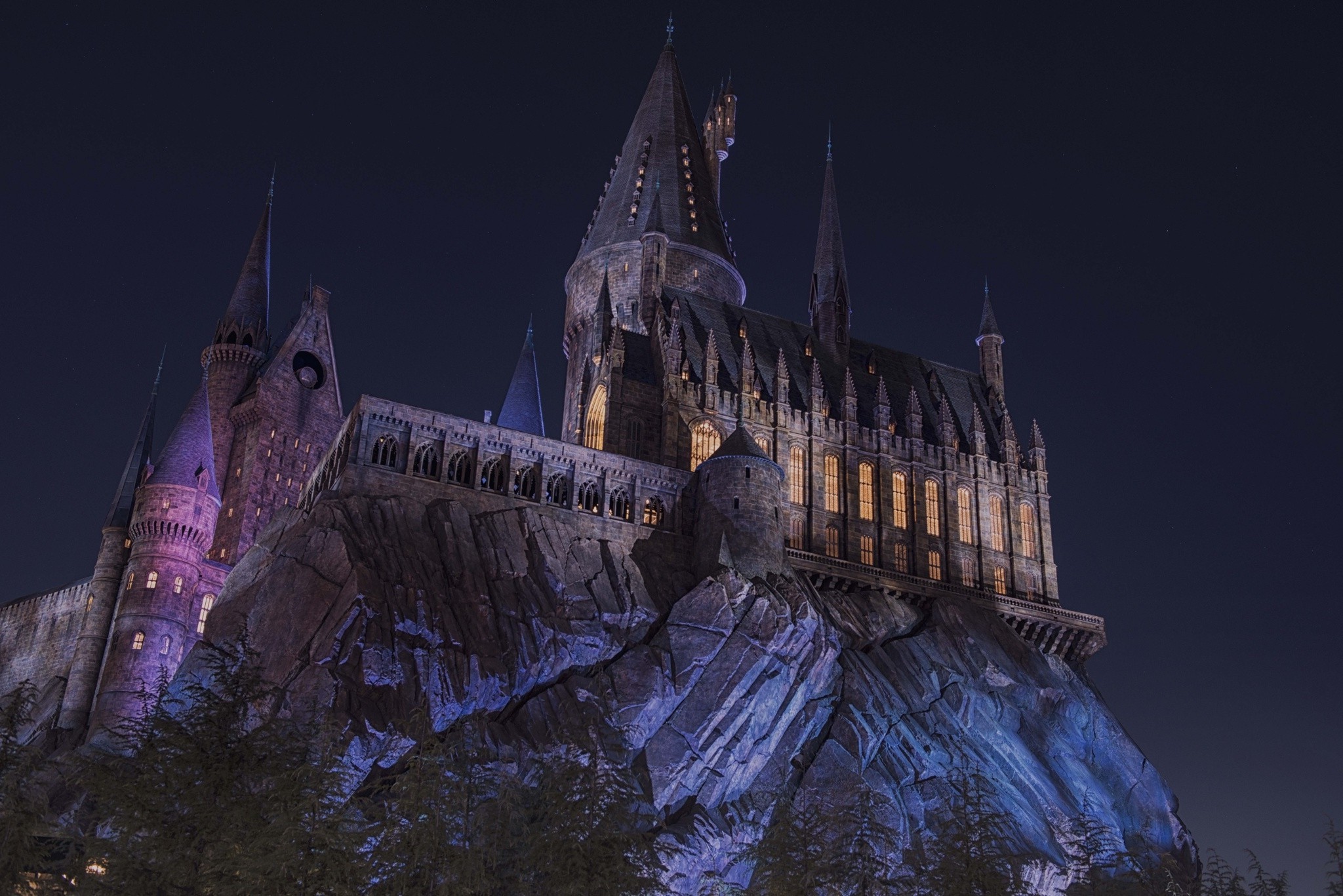 landscape Castle Hogwarts Night Lights Trees Dark 2048x1367