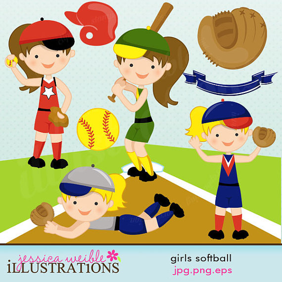 Girls Softball Cute Digital Clipart For Card Design Scrapbooking And