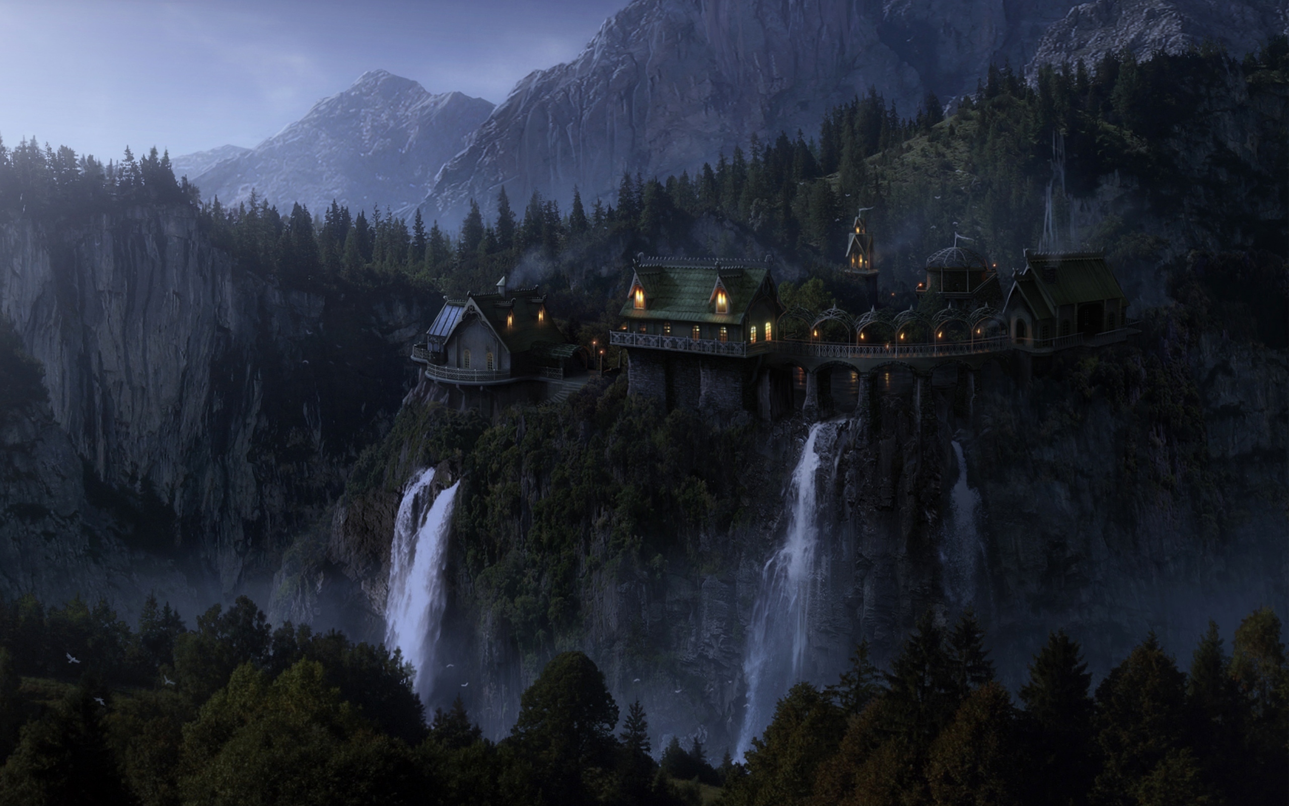 A breathtaking vista of Rivendell, nestled amidst cascading waterfalls and towering cliffs, bathed in the soft glow of twilight