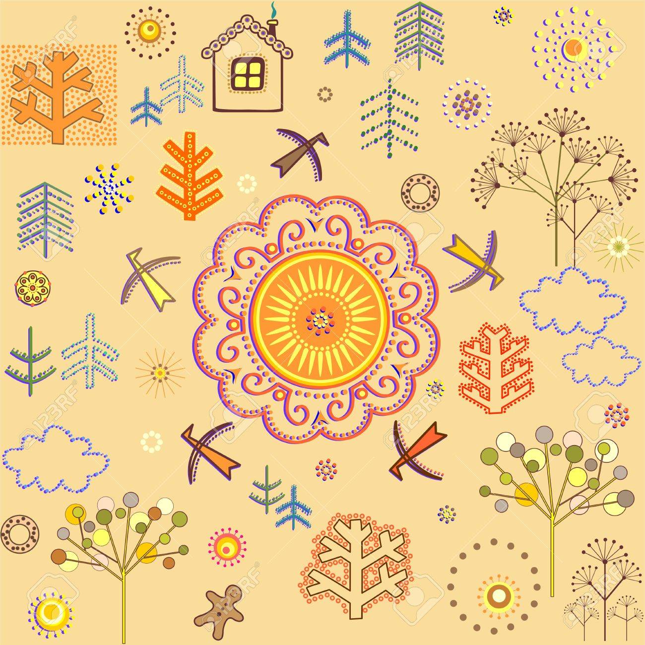 Autumn Abstract Childish Wallpaper With Trees Sun Little House