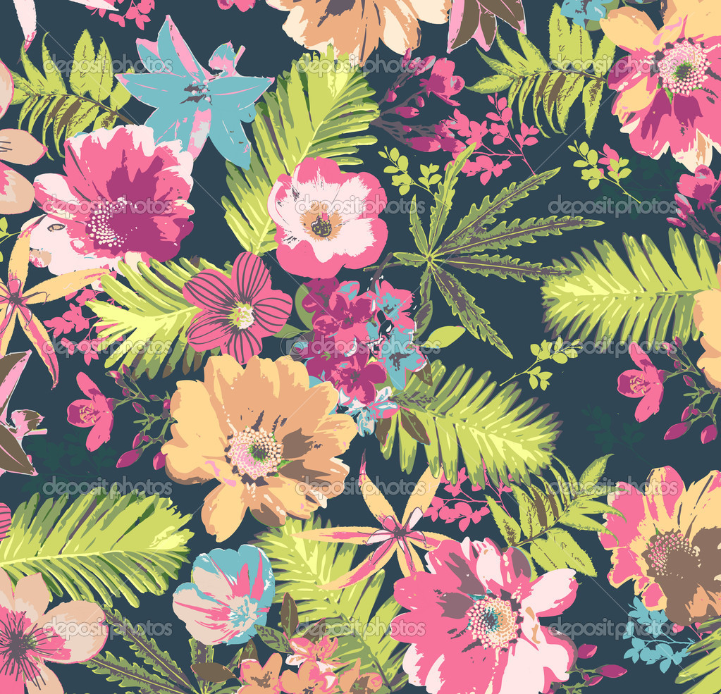 Vintage Hawaiian Print Background Tropical Flower Pattern