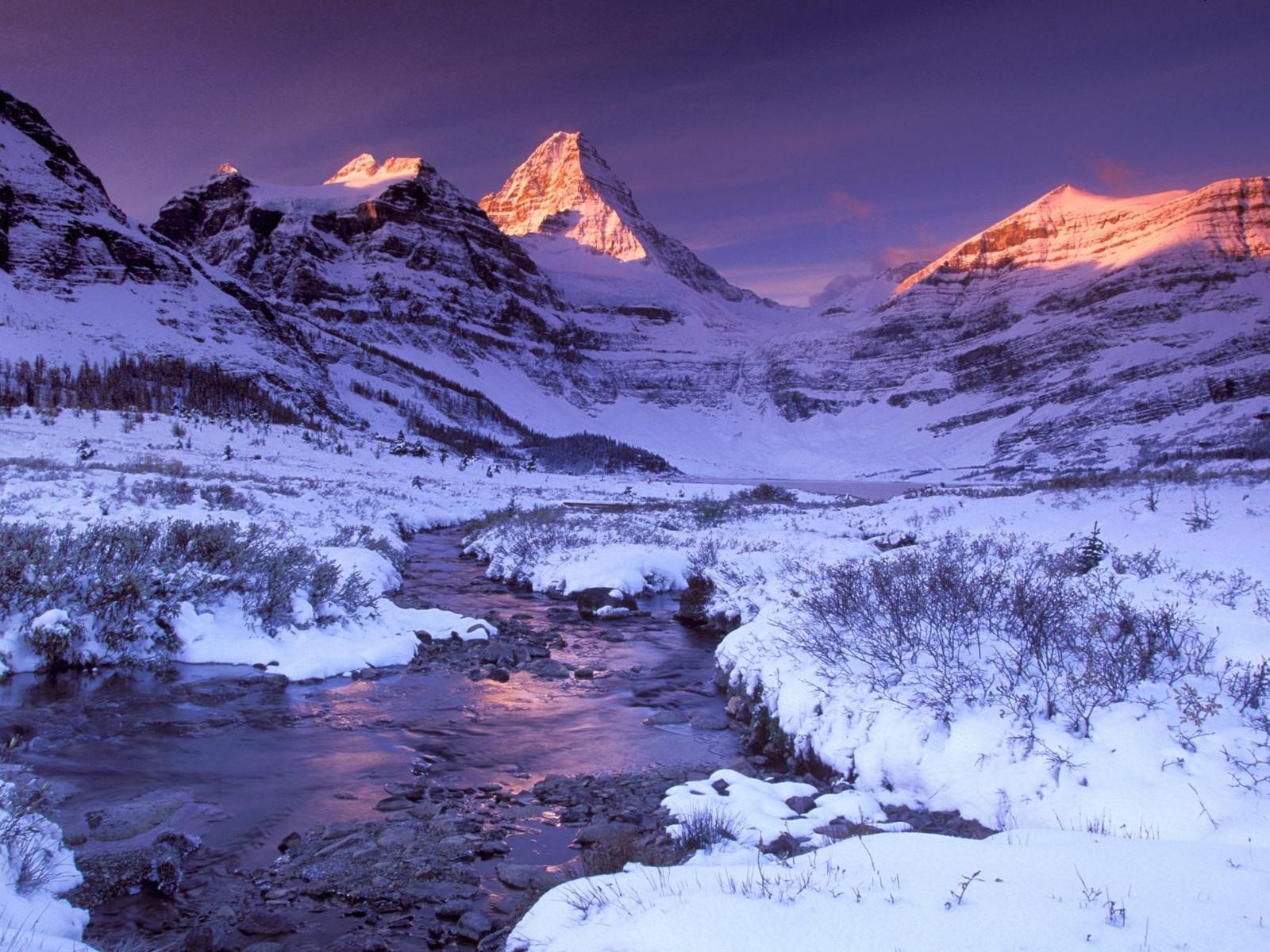 A tranquil winter scene unfolds with a stream flowing through a snow-covered valley, framed by majestic, snow-capped mountains bathed in the soft glow of dawn