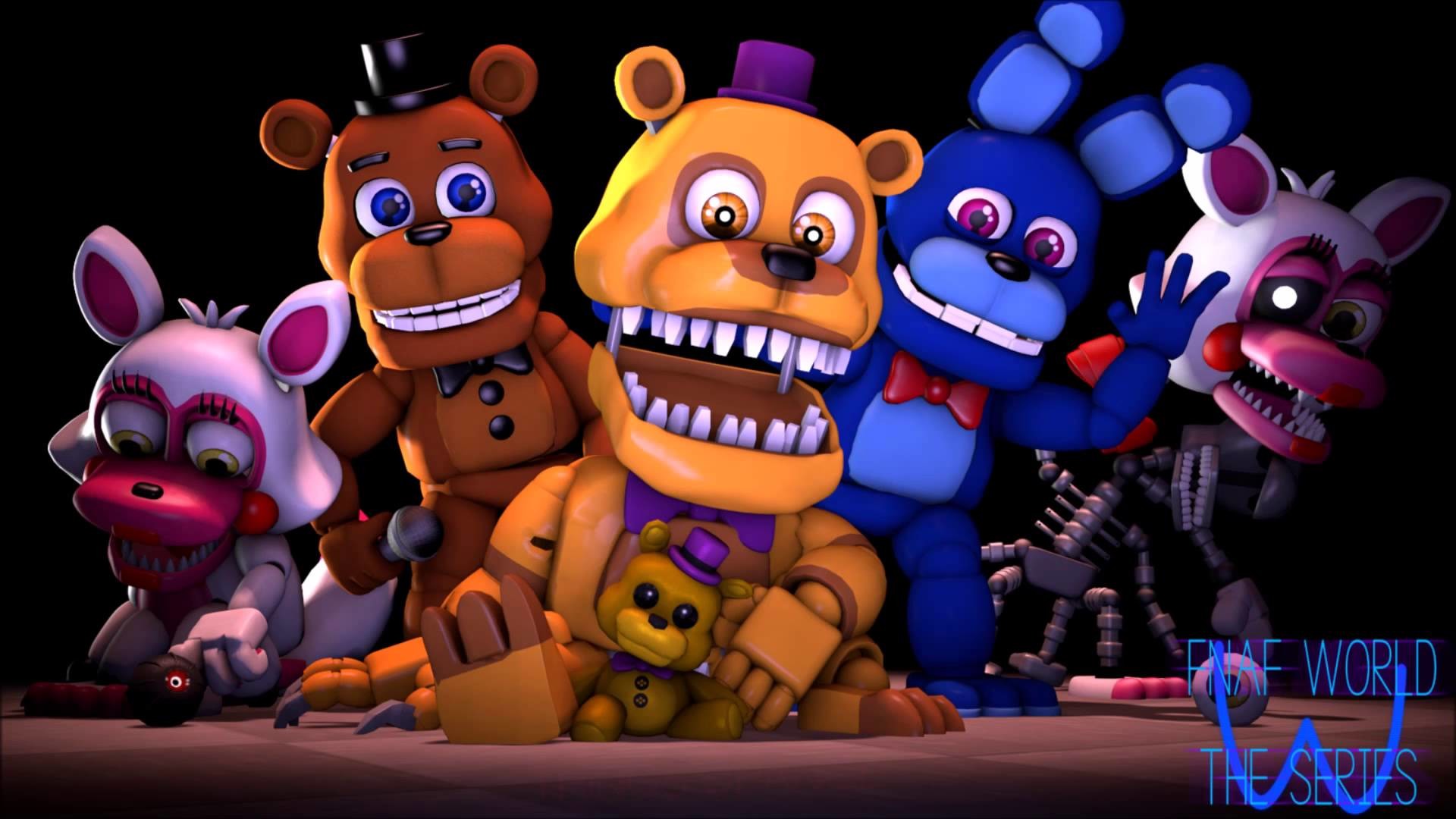 3D render of five animatronic characters from the Five Nights at Freddy's video game series, posed against a dark background