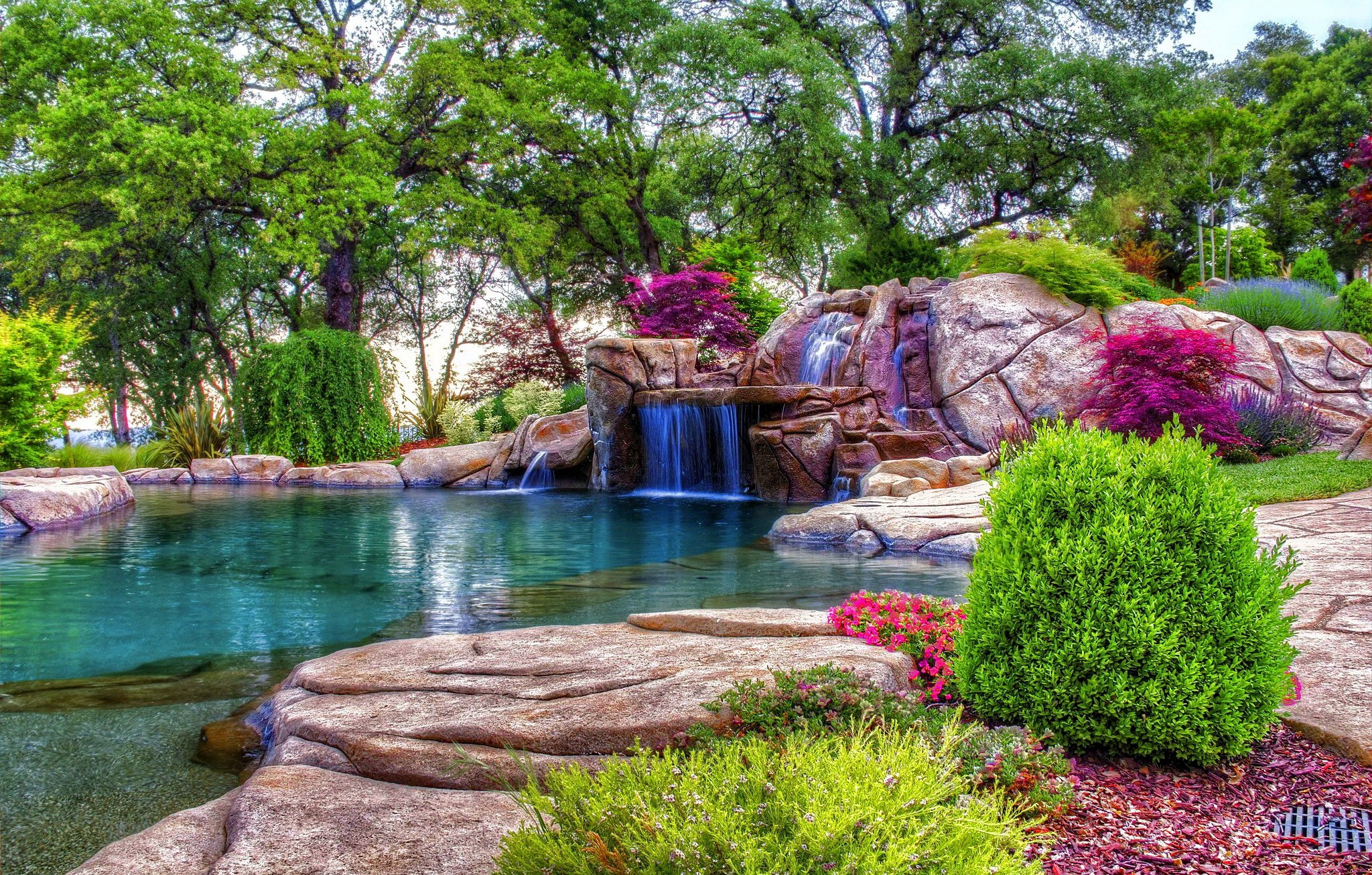 A picturesque backyard oasis with a waterfall cascading into a tranquil pool, surrounded by lush greenery and colorful flowers