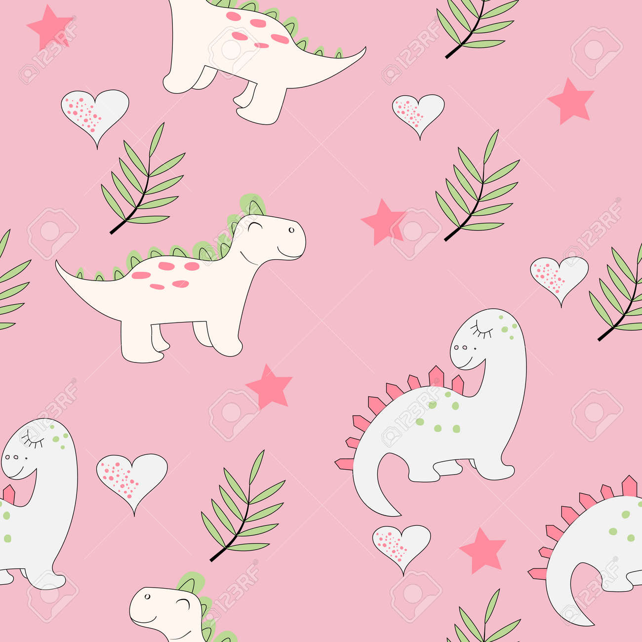 Cute Baby Dinosaur Seamless Pattern On The Light Pink Background