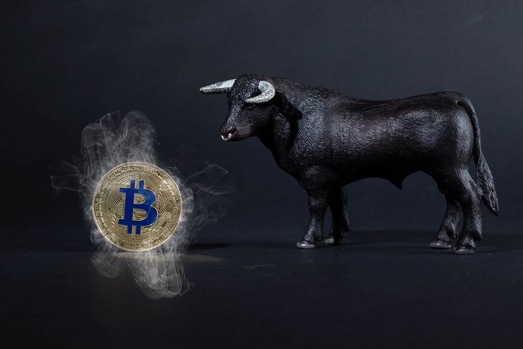 Black Bull With Bitcoin In Smoke On Background