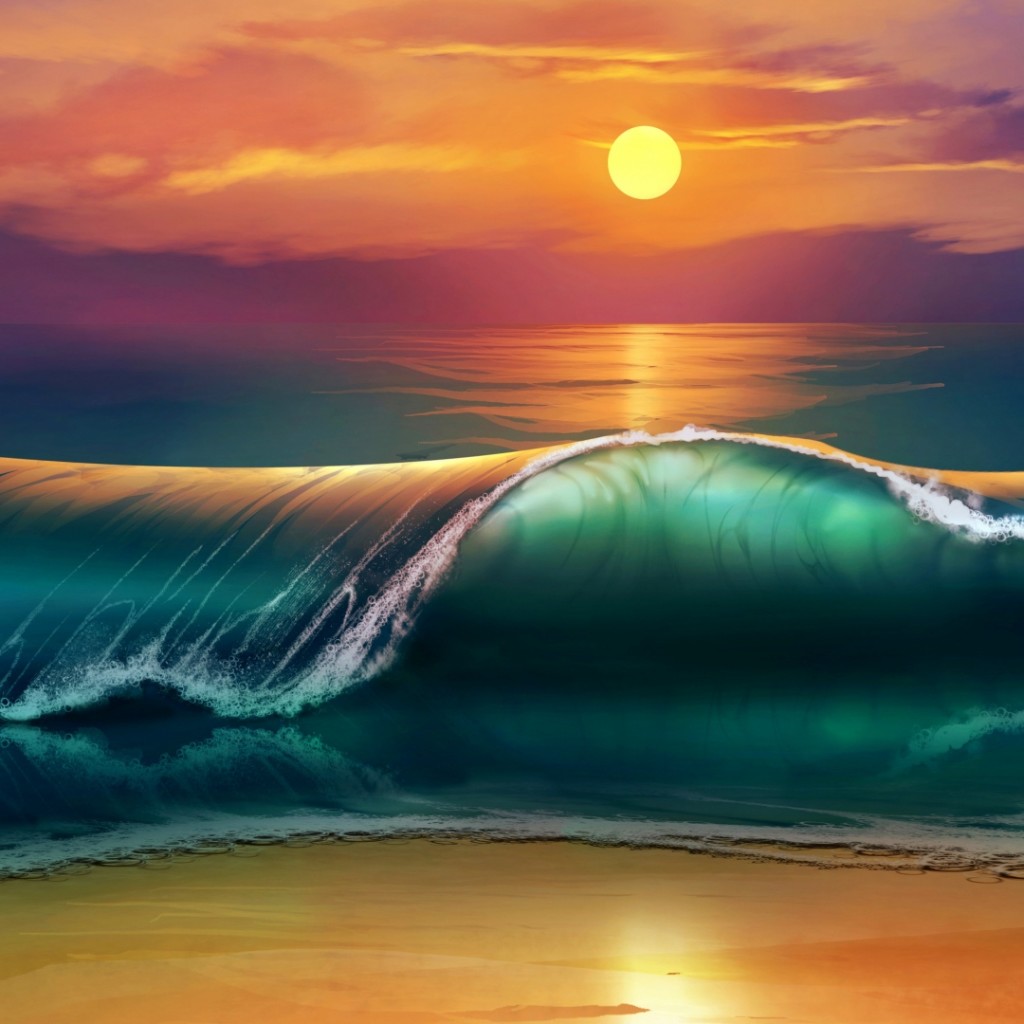 Art Sunset Beach Sea Waves HD Wallpaper