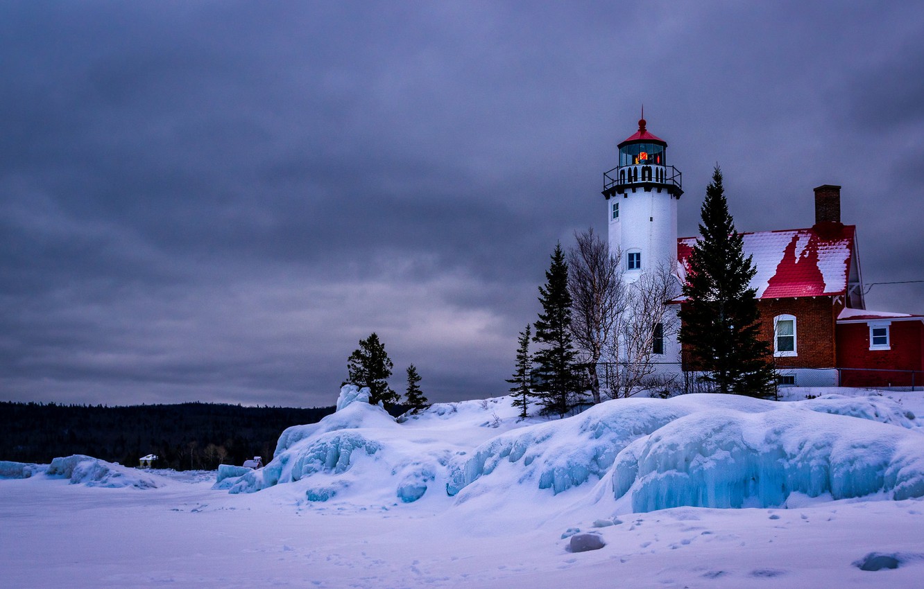 Wallpaper Winter Snow Landscape Lake Lighthouse Ice Michigan
