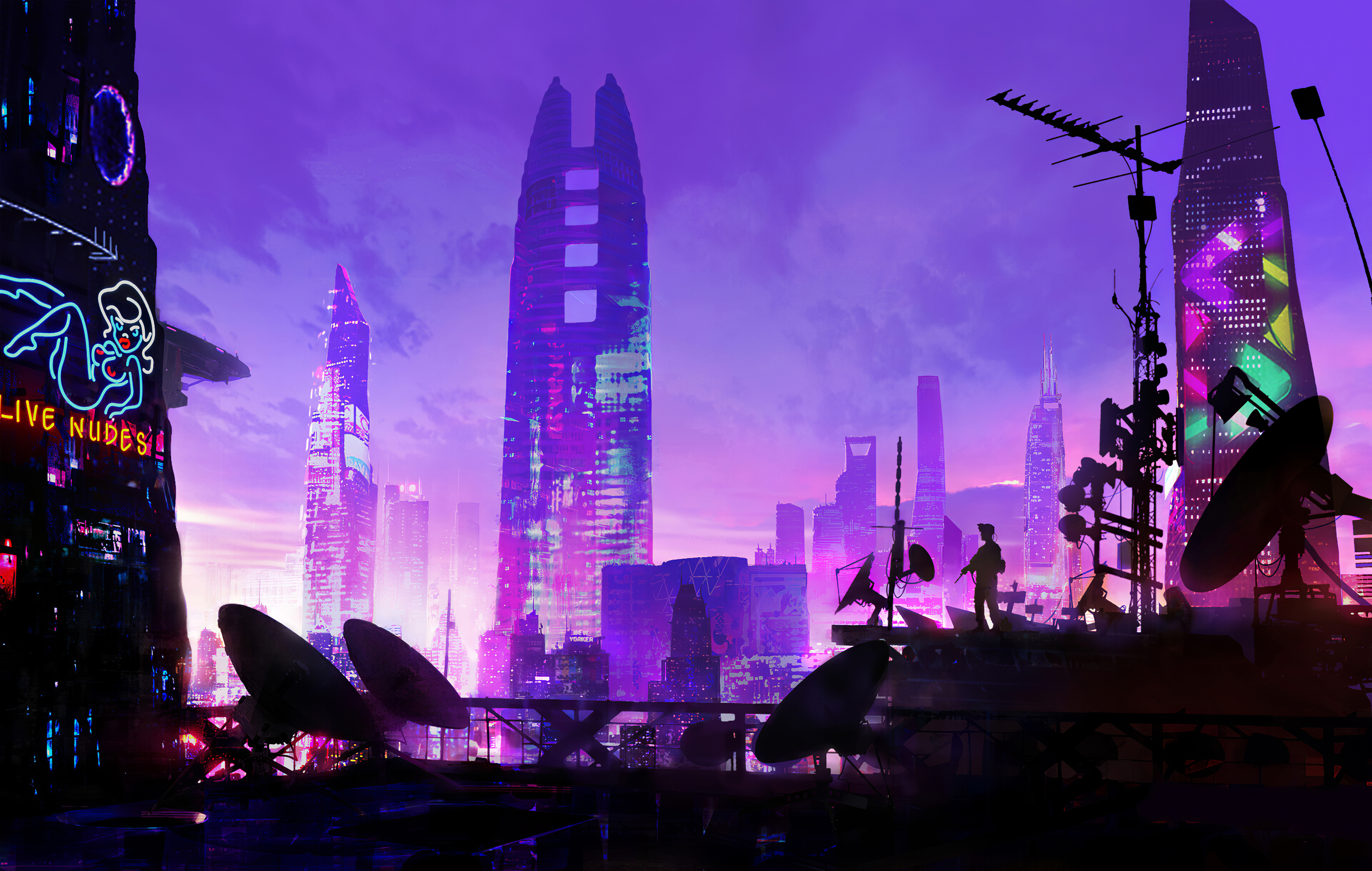 A cyberpunk cityscape at dusk, with neon signs, towering skyscrapers, and satellite dishes on rooftops