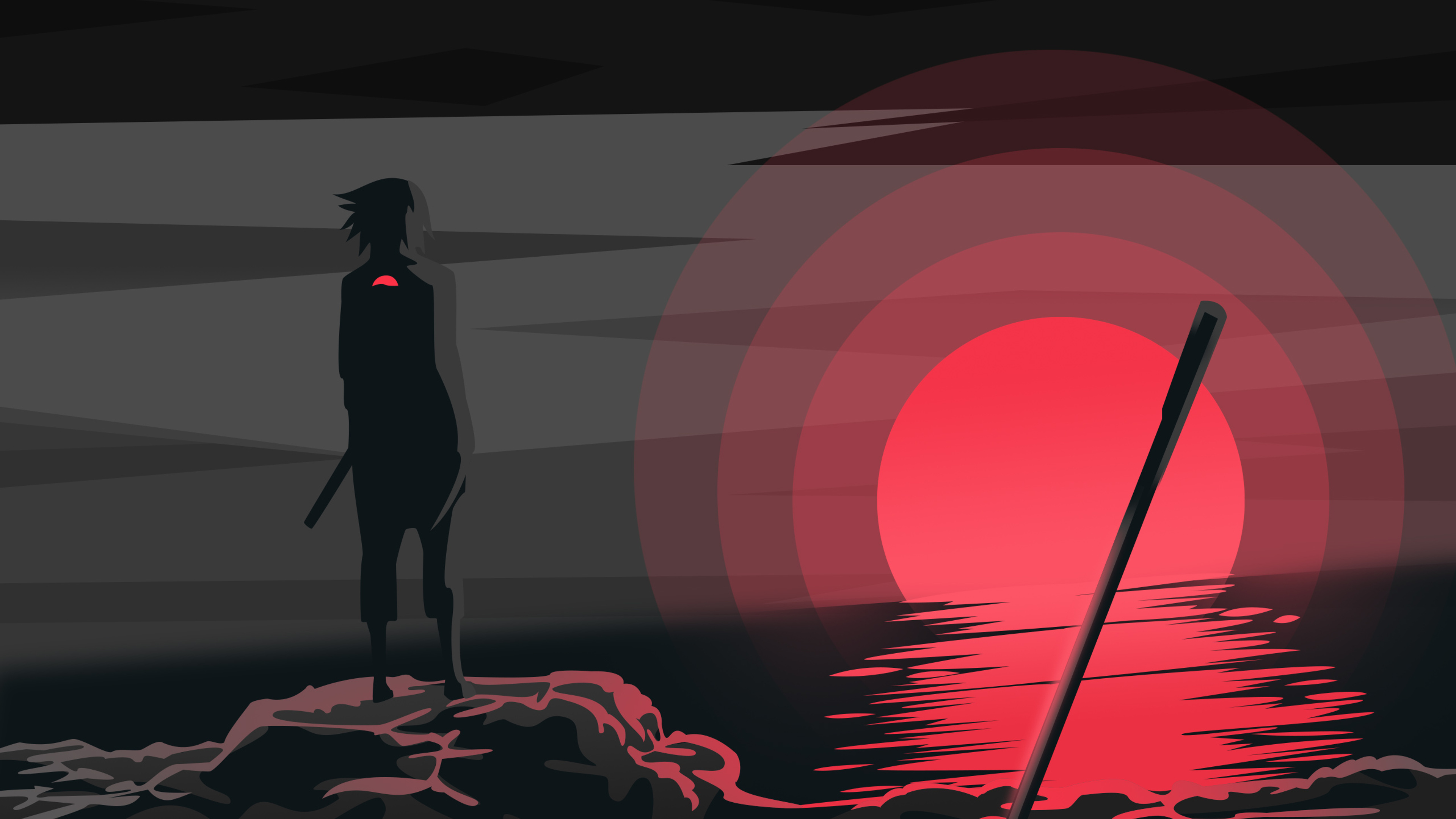 Silhouette of Sasuke Uchiha against a red sunset, minimalist Naruto anime wallpaper