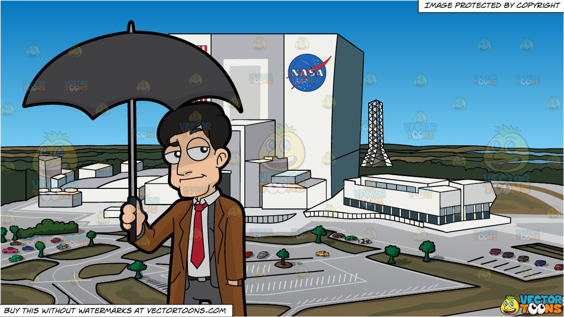 A Man Carrying An Umbrella And Nasa Headquarters Background