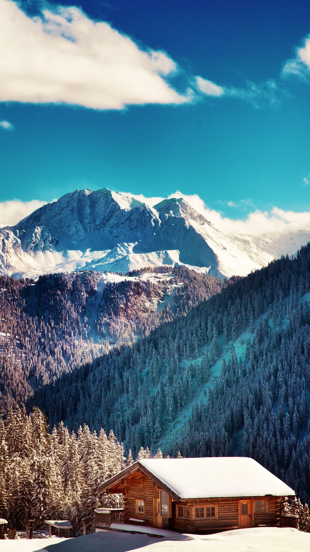 Mountains Chalet Winter Landscape iPhone Plus HD Wallpaper