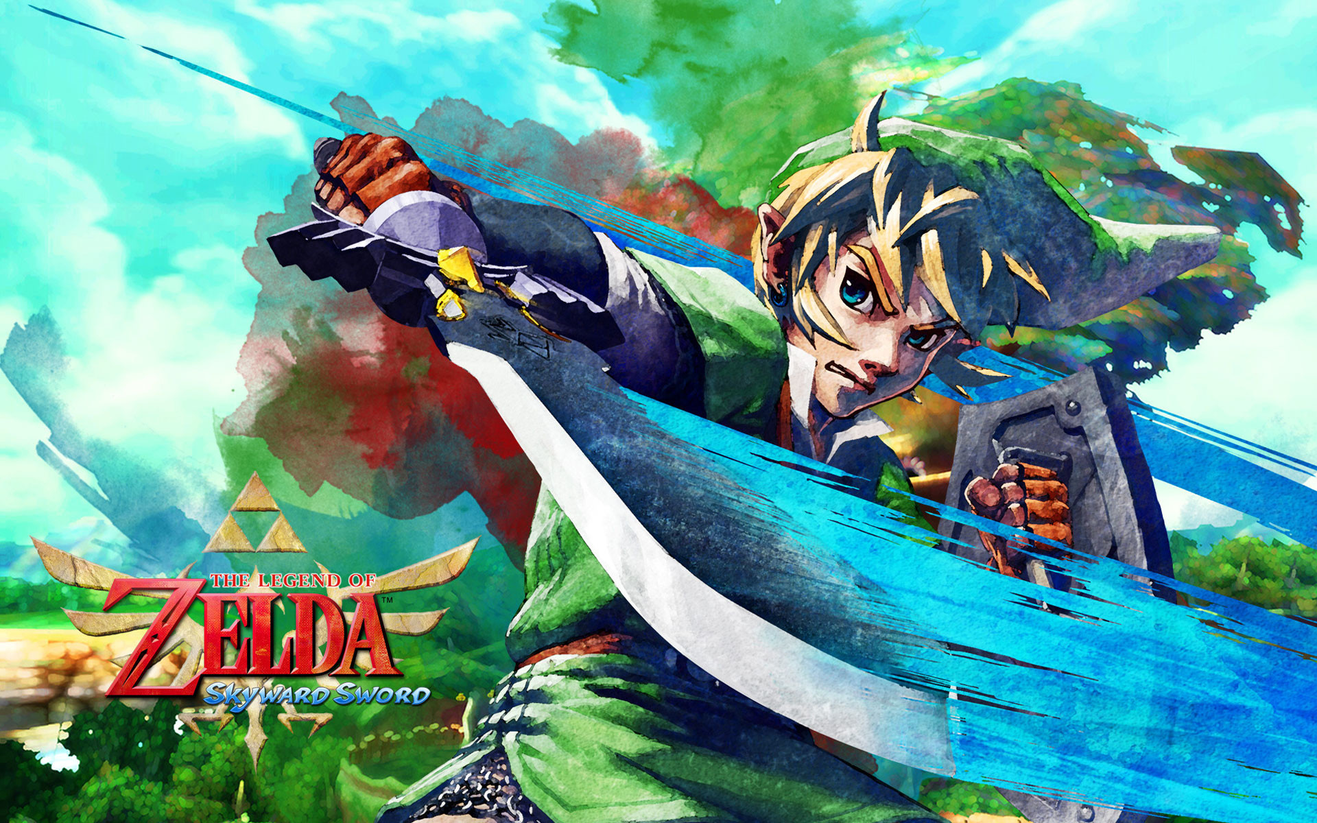 Link from the Legend of Zelda: Skyward Sword, wielding his sword and shield in a dynamic watercolor style