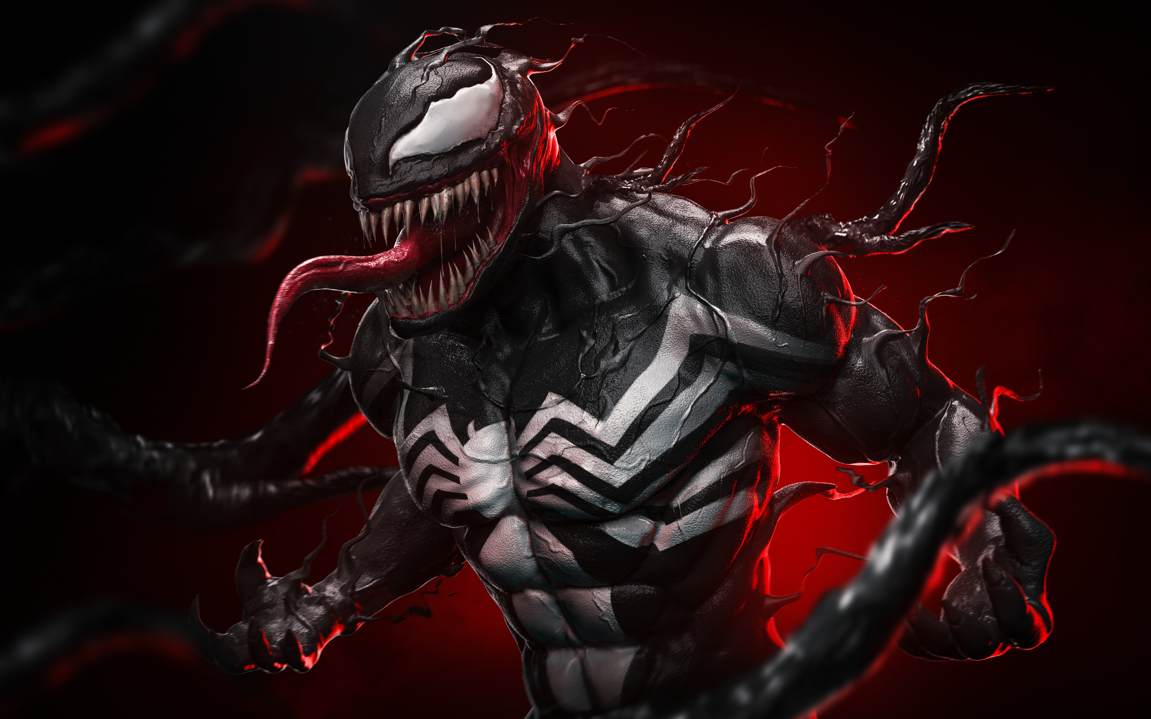 A menacing close-up of Venom, the iconic Marvel anti-hero, with his sharp teeth, long tongue, and swirling symbiote tendrils