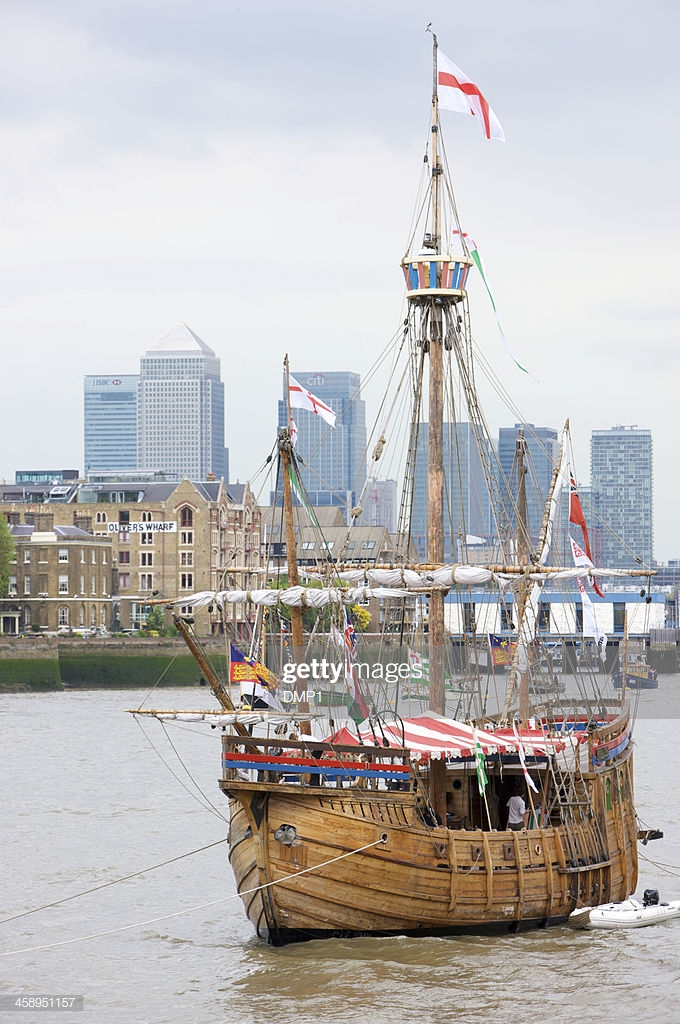Ship The Matthew On River Thames Canary Wharf In Background High