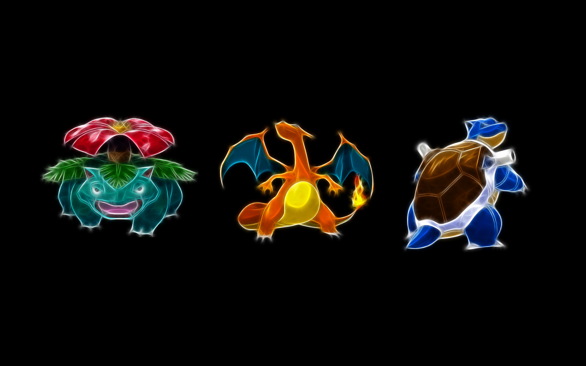 Neon Pixel Art of Venusaur, Charizard, and Blastoise Pokemon