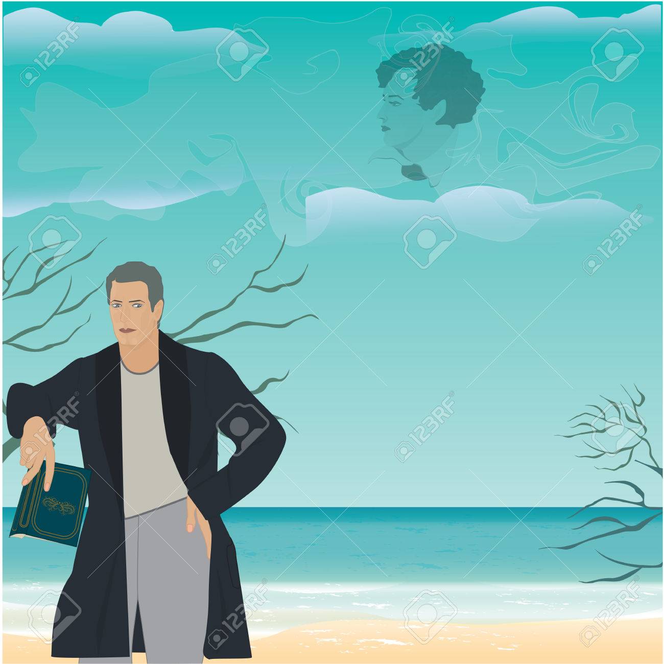 Man With Book In Hand On Background Of Sea Landscape Clouds