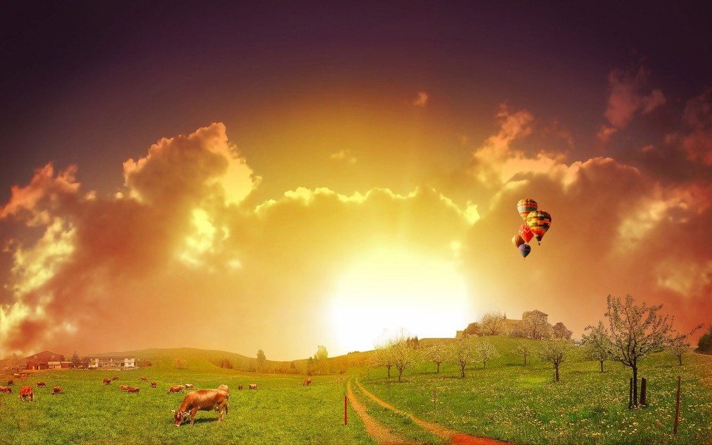 Sunrise Over Farm With Hot Air Balloons In The Distance Wallpaper