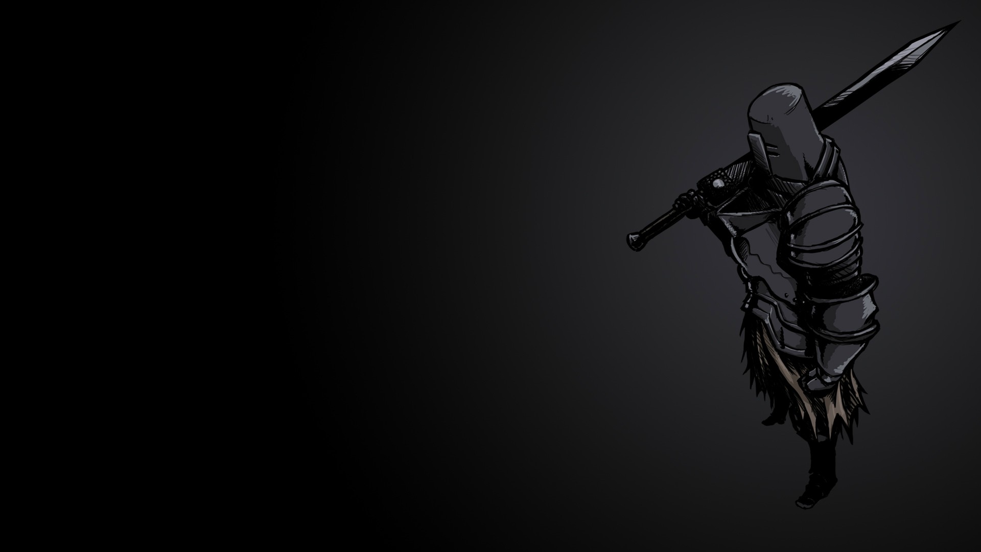 A dark, stylized illustration of a knight in armor, carrying a large sword on their shoulder against a dark, shadowy background