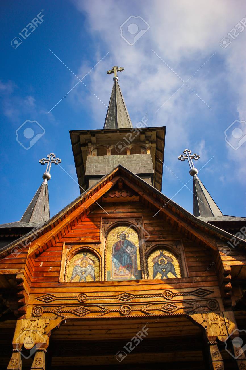 Wooden Church In Baile Felix Resort With Clear Sky Background
